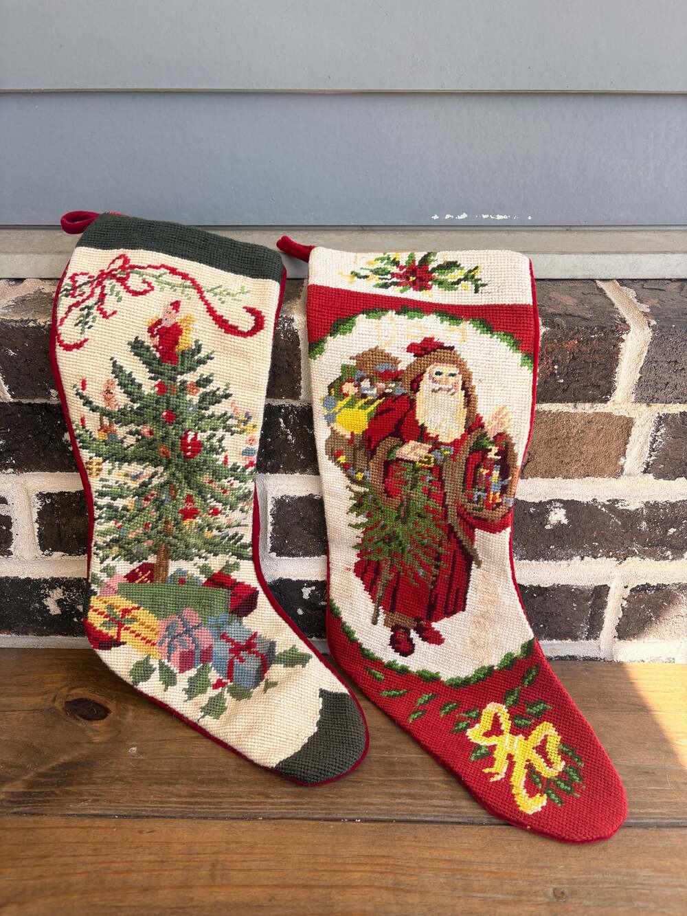 Vintage Handmade Needlepoint Christmas Stockings Set of 2 Santa Tree Velvet Back